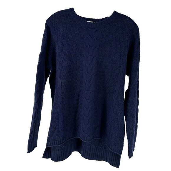 Madewell Cable Knit Sweater Navy Blue Size S Merino Wool Yak Blend Knit High Low - Picture 1 of 8